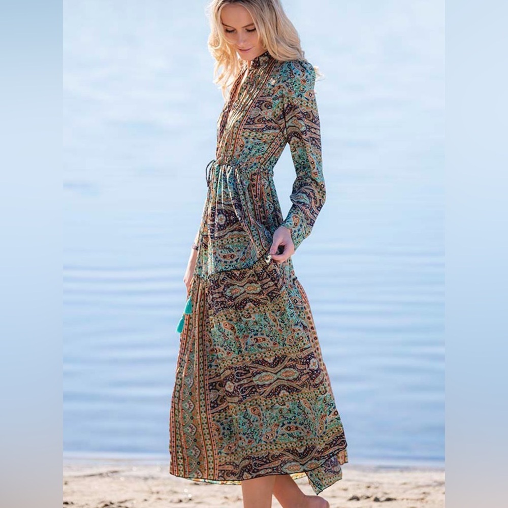 Boho Teal Paisley Maxi Dress with Drawstring Waist